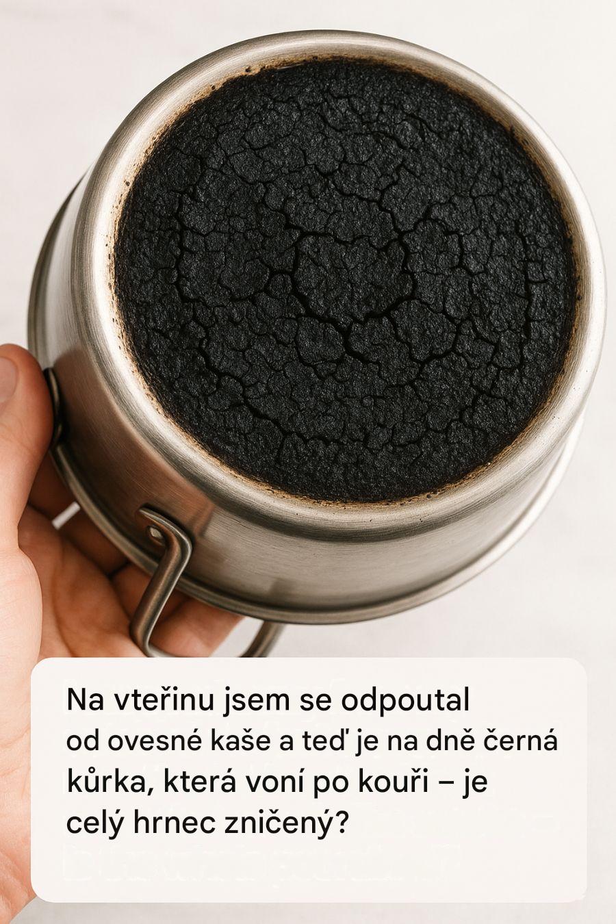 Na vteřinu jsem se odpoutal od ovesné kaše a teď je na dně černá kůrka, která voní po kouři – je celý hrnec zničený?