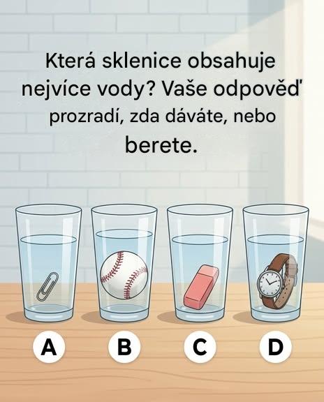 Která sklenice obsahuje nejvíce vody? Vaše odpověď prozradí, zda jste štědří, nebo sobečtí.