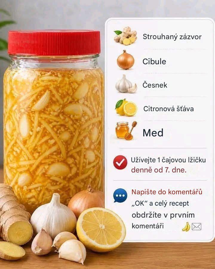 Přírodní sirup se zázvorem, cibulí, česnekem, citronem a medem